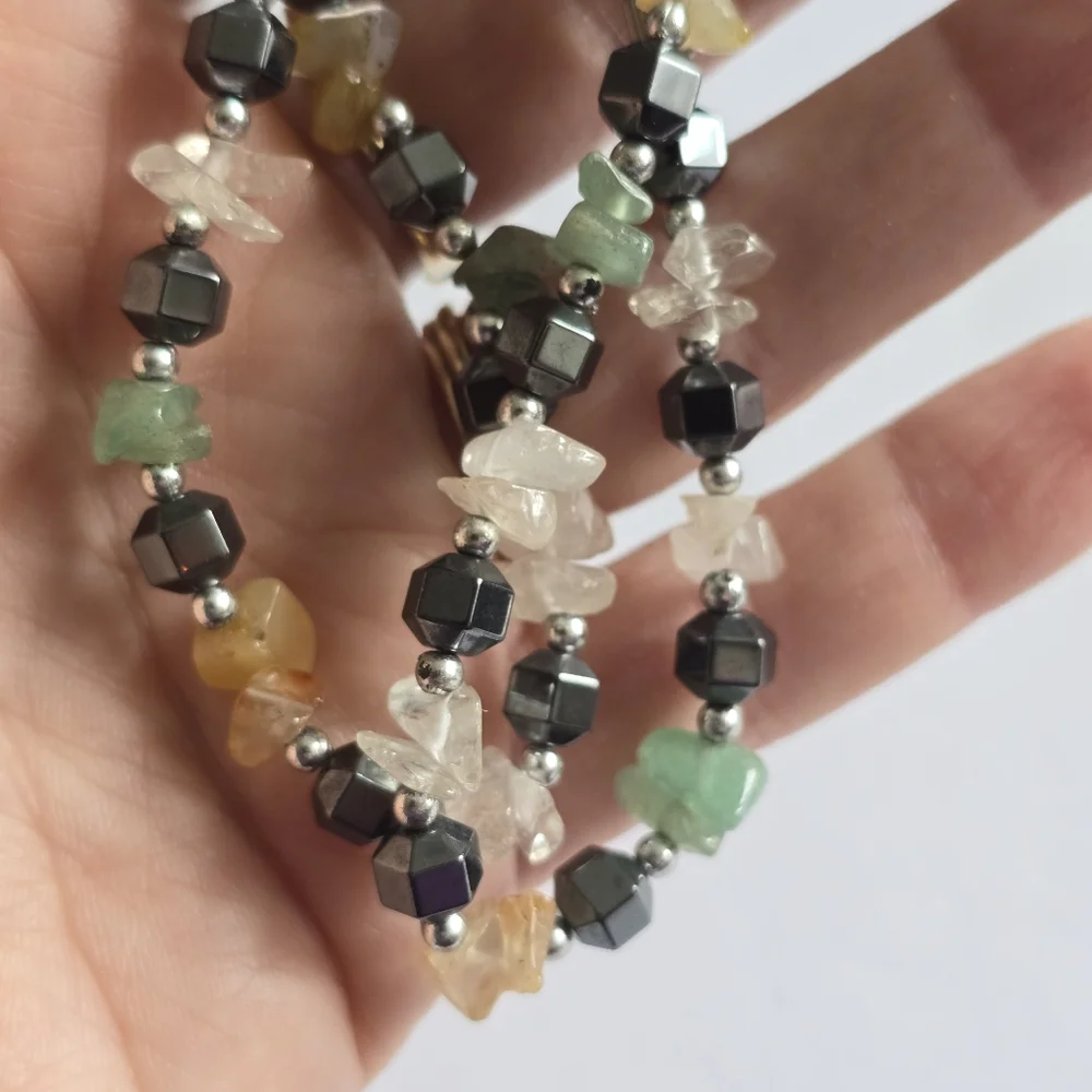 Handmade gemstone necklace beaded yellow green grey gray silver tone clear